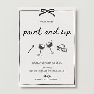 Plantilla de invitación para pintar y beber, manualidades, fiesta de noche de chicas, plantilla editable en Canva, vino, pincel, dibujo a mano, garabato, invitación estética