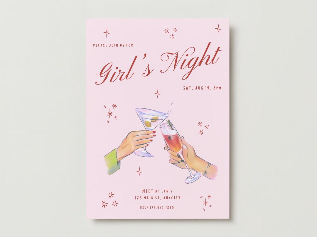 Girls' Night Out Invitation: Hand-drawn Cocktails, Pink Canva Template ...