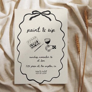 Plantilla de invitación para pintar y beber, invitación para una noche de arte y manualidades para niñas, diseño de garabatos, lazo negro, cóctel, despedida de soltera, descarga