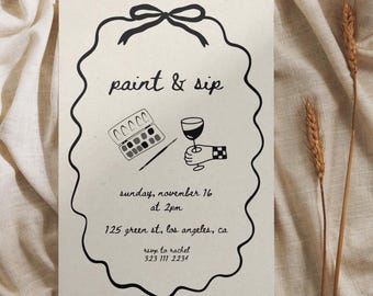 Paint And Sip Invitation Template Paint n Sip Wine Girls Arts and Crafts Night Invite Doodle Design Black Bow Cocktail Bachelorette Download
