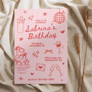 Convite de aniversário de menina com rabisco desenhado à mão na moda, modelo editável Canva, design de bola de discoteca de coquetel rosa e vermelho, coração brilhante, download instantâneo