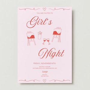 Girl&#39;s Night Paint And Sip Craft Art Night Party Invitation Coquette Pink Aesthetic Doodle Invite Template Girly Bachelorette Party Download