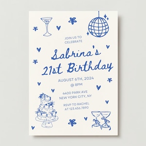 Trendige Handgezeichnete 21. Geburtstagseinladung | Bearbeitbare Canva Vorlage mit Doodles | Blau Cocktail & Disco Ball Design | Sofort Download
