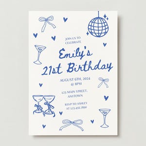 Trendy Hand-Drawn 21st Birthday Invitation | Editable Canva Template with Doodles | Blue Cocktail & Disco Ball Design | Instant Download