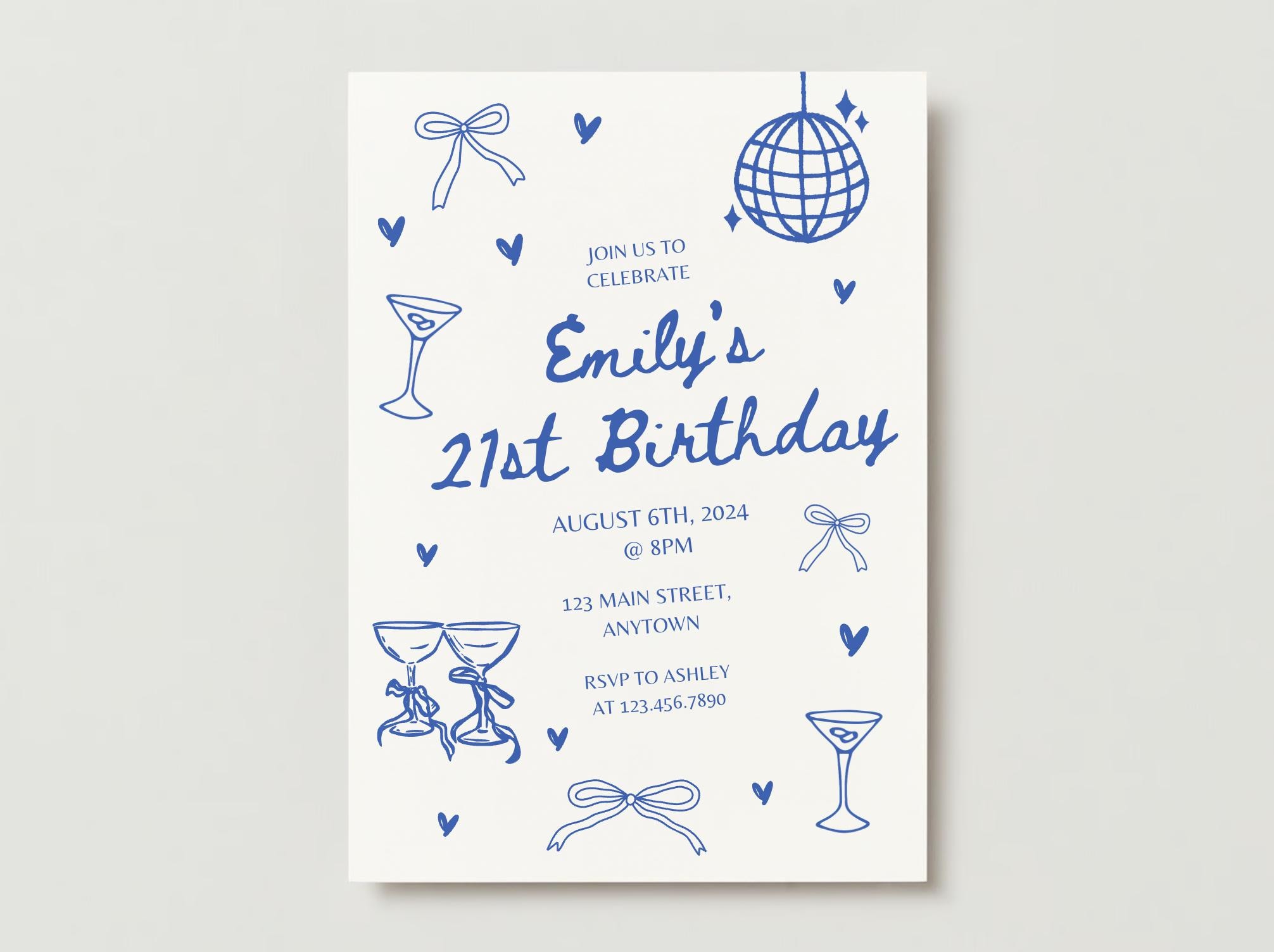 Trendy Hand-Drawn 21st Birthday Invitation | Editable Canva Template with Doodles | Blue Cocktail & Disco Ball Design | Instant Download