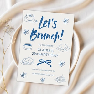 Lassen Sie uns Brunch Trendy Handgezeichnete Doodle Laden Vorlage Kaffee Mimose Datum Bodenlose Brunch-Einladung Geburtstagsfeier 21st Girls Bday Blau