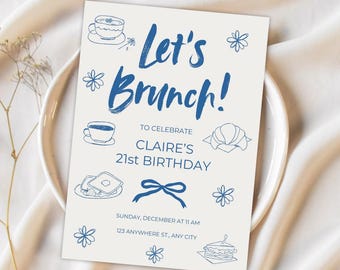 Let&#39;s Brunch Trendy Hand-drawn Doodle Invite Template Coffee Mimosa Date Bottomless Brunch Invitation Birthday Party 21st Girls Bday Blue