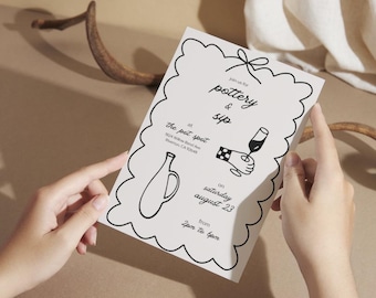 Bearbeitbare Keramik und Schluckeinladung Vorlage | Druckbarer Wein und Ton Klasse Event Flyer | DIY Keramik Party einladen | Keramik & Schluck einladen