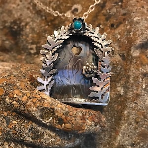 Enchanted Faery Door Necklace, Sterling Fairy Door Necklace, Turquoise and Sterling Fairy Door, Magic Faery Door Necklace.