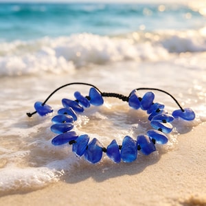 Blue Sea Glass Bracelet, Adjustable Macrame Knot Woven Cuff, Handmade Beach Glass Jewelry Gift for Her, Ocean Boho Wristband