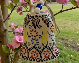Handcrafted Evil Eye Bell Ornament, Ceramic Nazar Bell Wall Hanging, Home Protection, Christmas Gift