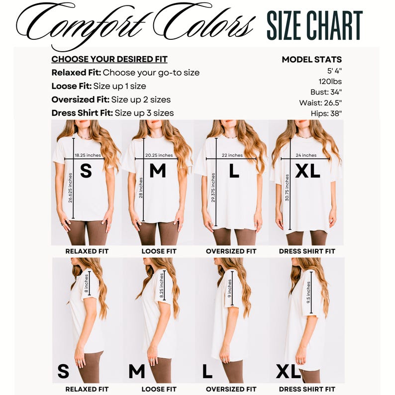 Peut inclure: Tableau des tailles pour les t-shirts Comfort Colors. Les mesures sont en pouces pour les tailles S, M, L et XL. Les mensurations du mod&egrave;le sont : 163 cm, 54 kg, tour de poitrine : 86 cm, tour de taille : 67 cm, tour de hanches : 97 cm.  Ajustements : d&eacute;contract&eacute;, ample, surdimensionn&eacute;.