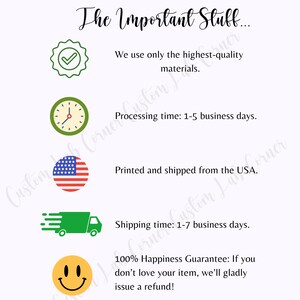 May include: A checklist of important information about a product. The checklist includes information about the quality of materials used, processing time, shipping location, shipping time, and a 100% happiness guarantee.