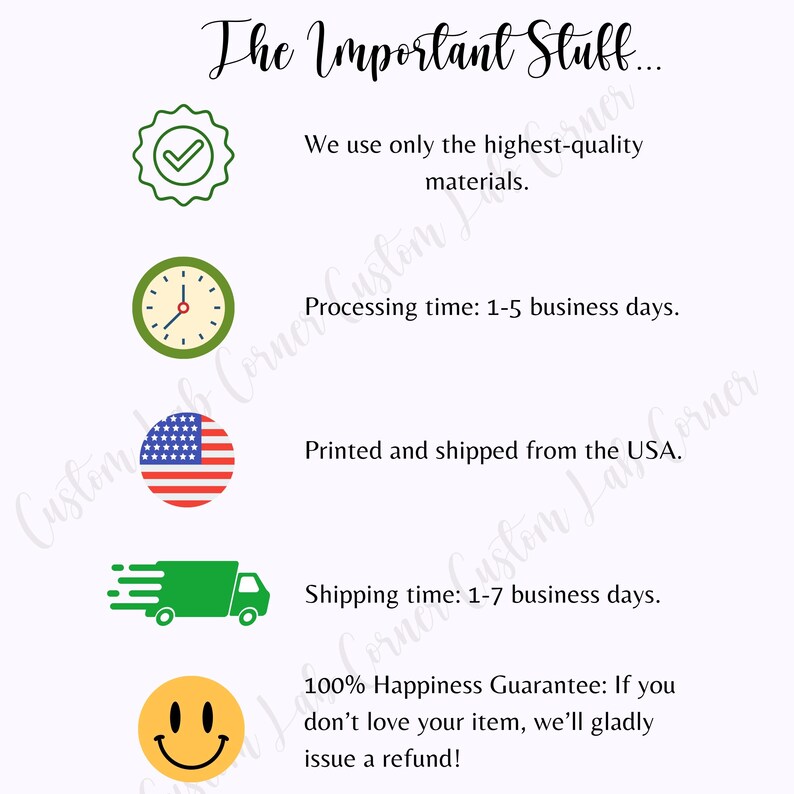May include: A checklist of important information about a product. The checklist includes information about the quality of materials used, processing time, shipping location, shipping time, and a 100% happiness guarantee.