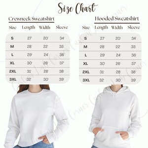 May include: Size chart for crewneck and hooded sweatshirts. The chart shows sizes S through 3XL with corresponding measurements in inches for length, width, and sleeve length.