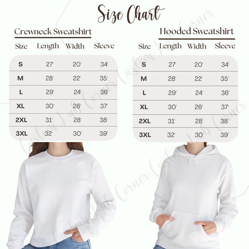 May include: Size chart for crewneck and hooded sweatshirts. The chart shows sizes S through 3XL with corresponding measurements in inches for length, width, and sleeve length.