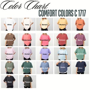 Peut inclure: Un nuancier pr&eacute;sente des t-shirts Comfort Colors C 1717 dans une grille. Les chemises sont pr&eacute;sent&eacute;es dans une gamme de couleurs, notamment blanc, ivoire, banane, moutarde, igname, expresso, past&egrave;que, crunchberry, cramoisi, baie, fleur, orchid&eacute;e, violet, chambray, vert clair, mousse, &eacute;pic&eacute;a bleu, jean bleu, denim, marine, noir et poivre.