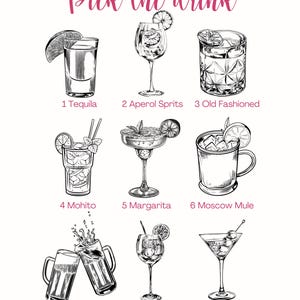 May include: A printable chart with nine different cocktail illustrations and their names: Tequila, Aperol Sprits, Old Fashioned, Mohito, Margarita, Moscow Mule, Beer, Sangria, and Dirty Martini.