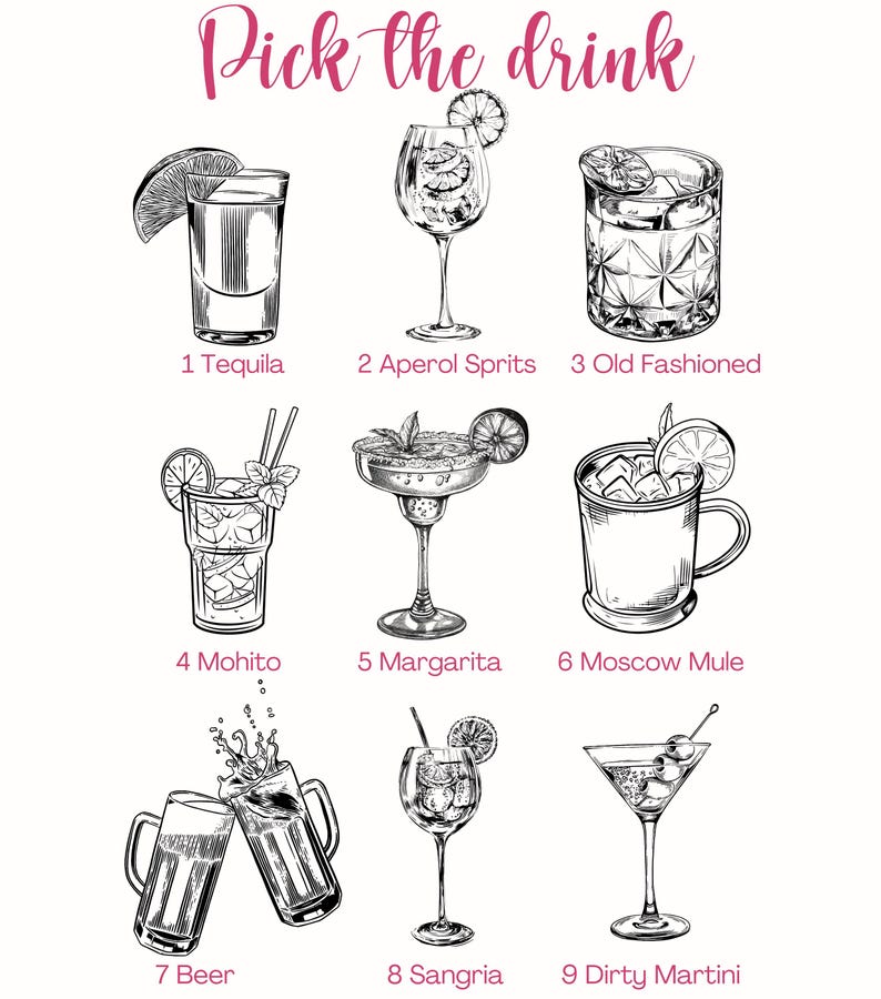 May include: A printable chart with nine different cocktail illustrations and their names: Tequila, Aperol Sprits, Old Fashioned, Mohito, Margarita, Moscow Mule, Beer, Sangria, and Dirty Martini.