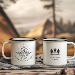 Personalized Couple Camping Mug Set,Engagement Wedding Gift, Adventure Mountains, Custom His and Hers Enamel Mug, Camping Mugs Set