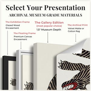 May include: An informational graphic titled Select Your Presentation displaying four options: The Exhibition Frame with glazed wood, The Floating Frame with premium canvas, The Gallery Edition with 1.5 inch museum depth, and The Archival Print on velvet matte or cotton rag.