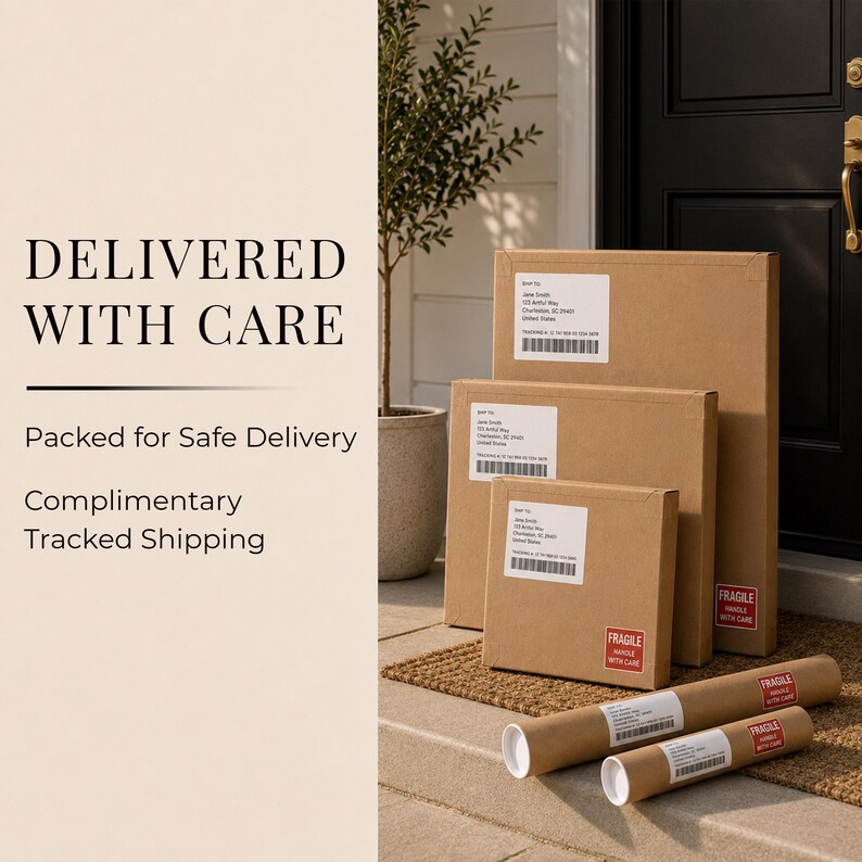 May include: Three brown cardboard shipping boxes of varying sizes and two cylindrical cardboard mailing tubes are arranged on a doorstep. Each package features a white shipping label with text and a barcode, plus a red fragile sticker.