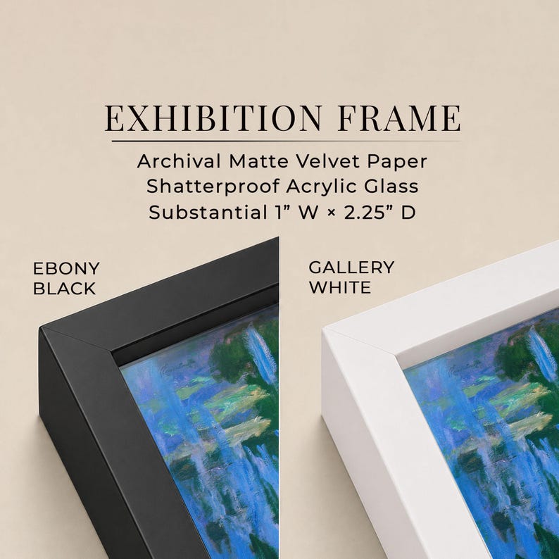 May include: An exhibition frame featuring archival matte velvet paper and shatterproof acrylic glass. The frame has a substantial 1 inch width and 2.25 inch depth. Two color options are shown: ebony black and gallery white, each holding art.