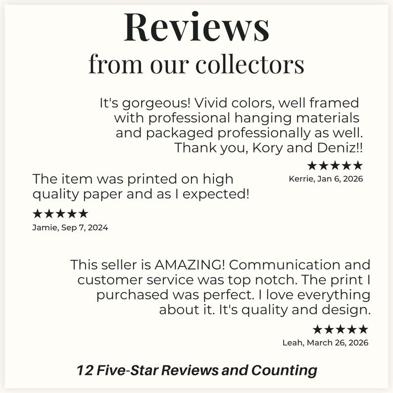 May include: A white graphic display featuring the text Reviews from our collectors at the top, followed by three customer testimonials with five-star ratings from Kerrie, Jamie, and Leah, and the text 12 Five-Star Reviews and Counting at the bottom.