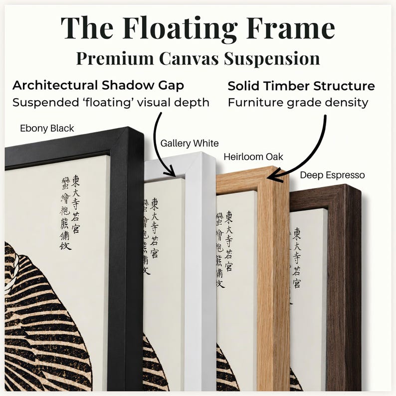 May include: Four floating frames for canvas art, labeled Ebony Black, Gallery White, Heirloom Oak, and Deep Espresso. The text reads The Floating Frame, Premium Canvas Suspension, Architectural Shadow Gap, and Solid Timber Structure.