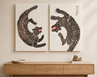 Facing Tigers – Taguchi Tomoki | Japanese Tiger Set of 2, Woodblock Wall Art, Framed Pair