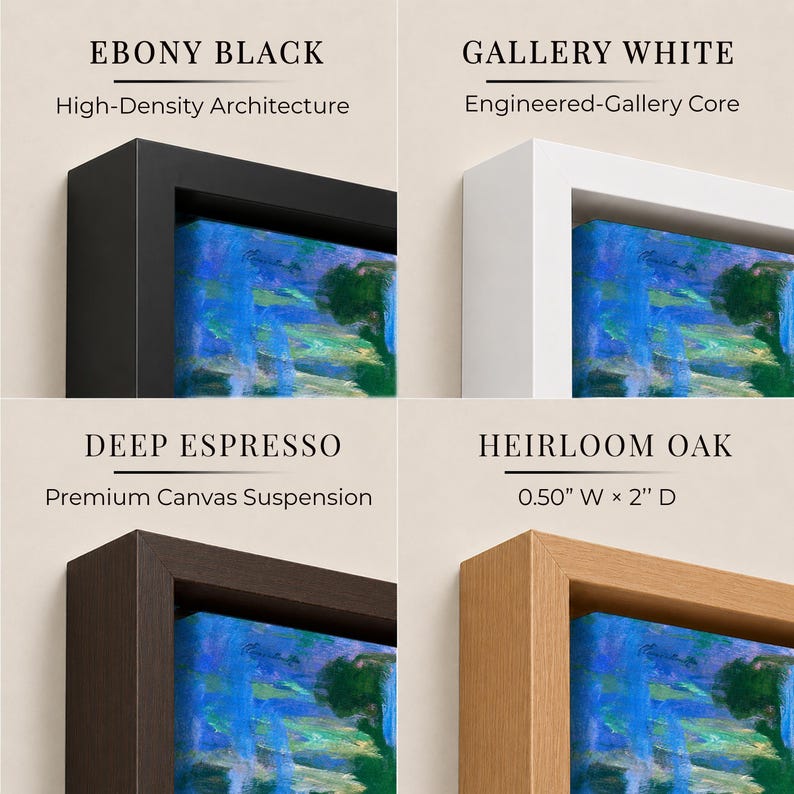 May include: Four floating frames in ebony black, gallery white, deep espresso, and heirloom oak. Each frame displays a blue and green abstract canvas. Text labels include Ebony Black, Gallery White, Deep Espresso, Heirloom Oak, and 0.50" W x 2" D.