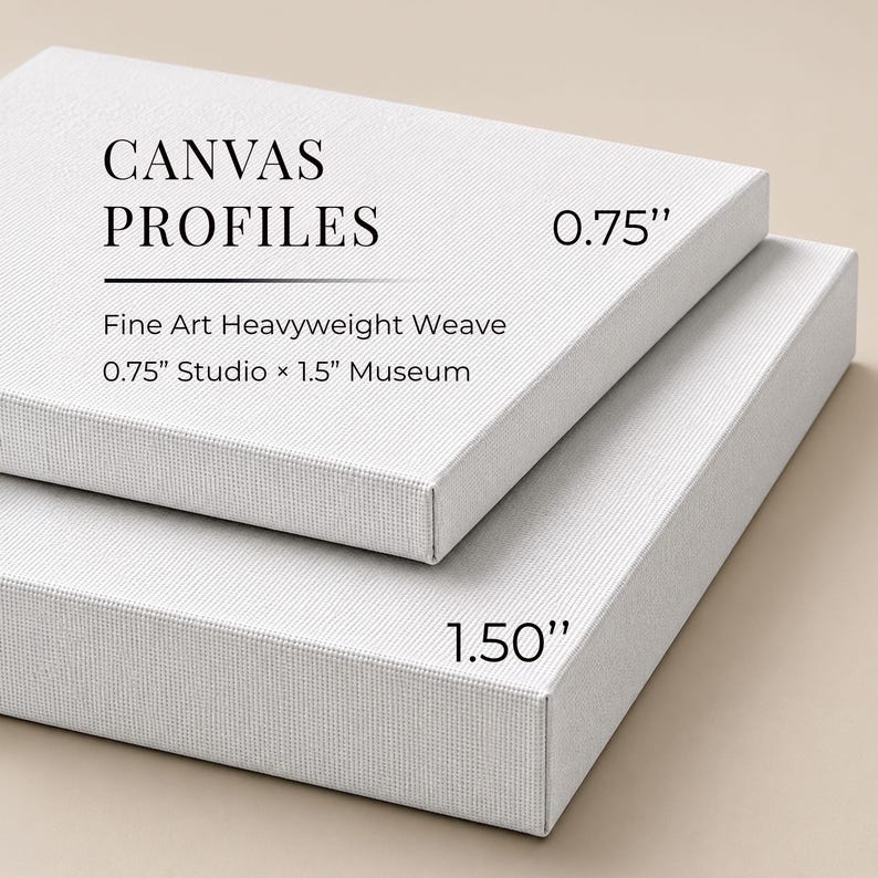May include: Two white rectangular canvas panels with a fine art heavyweight weave texture. The top canvas has a depth of 0.75 inches, and the bottom canvas has a depth of 1.50 inches. Text reads: CANVAS PROFILES, Fine Art Heavyweight Weave, 0.75" Studio x 1.5" Museum.