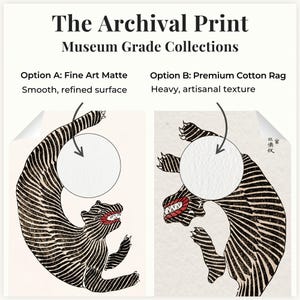 May include: The Archival Print Museum Grade Collections display two paper options. Option A: Fine Art Matte with a smooth surface. Option B: Premium Cotton Rag with a heavy texture. Both show a black and white tiger illustration with red accents.