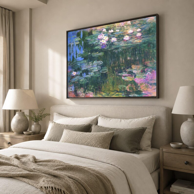 May include: A rectangular framed wall art print featuring an impressionist painting of a pond with water lilies. The artwork displays deep green, blue, and purple tones with highlights of white and pink flowers floating on the water surface.