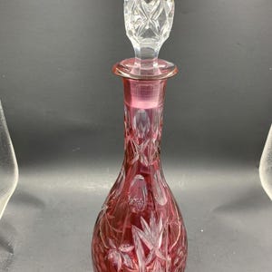 Vintage Bohemian Cut to Clear Crystal Decanter w/ Stopper done in Cranberry