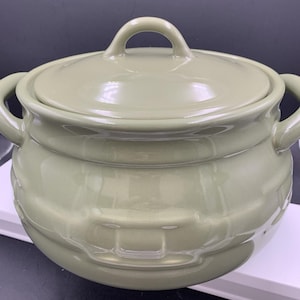 May include: A sage green ceramic pot with a matching lid, featuring a rounded body, two side handles, and a central arched handle on the lid. The surface has a smooth, glossy finish with horizontal embossed bands encircling the exterior.