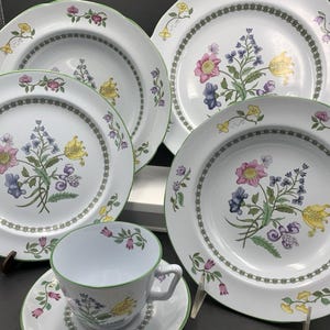 Könnte beinhalten: Ein weißes Porzellan-Teeservice mit floralen Mustern. Das Set umfasst Teller, eine Teetasse und eine Untertasse. Die Teller und die Untertasse haben einen grünen Rand und ein Blumenmuster mit rosa, gelben und lila Blumen.