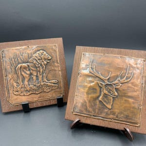 Vintage Pair of 3D Copper Relief Art 4"x4" Deer and Lion Mounted on 5"x5" Block