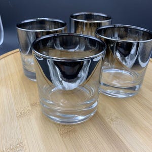 VINTAGE SET of 4 mcm Old Fashion Rock Low Ball Glasses w silver rims 1960s