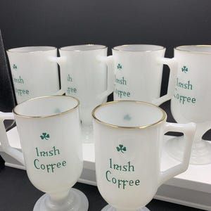 Vintage Set of 6 Milk Glass IRISH COFFEE Mugs with Pedestal and Handles