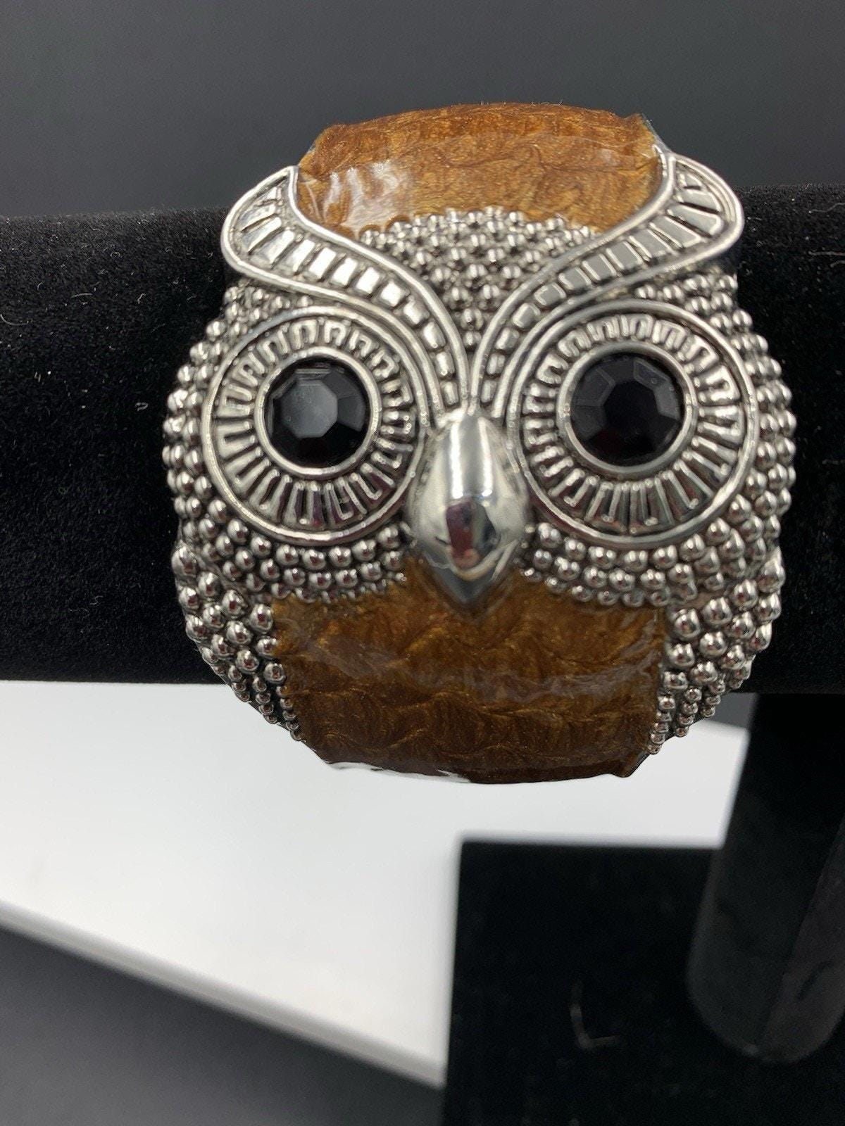 Owl Cuff Bracelet Large Statement w/Brown Enamel Hinged Silver Toned