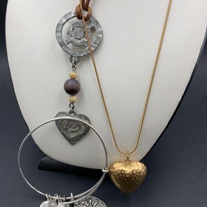 Lot: Alex and Ani Friend Charm Bracelet, Hammered Gold Tone & Boho Heart Necklaces