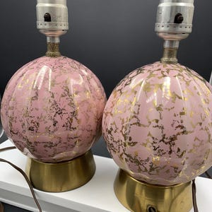 Hollywood Regency Pink & Gold Boudoir Side Table Lamps Pair Working 1950’s MCM