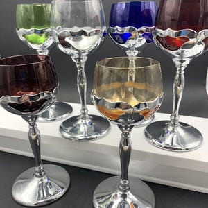 SET OF 6 Vtg. Farber Bros Krome Kraft Multi-Colored Cambridge Glass Clarets