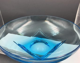 Vintage Hazel Atlas Capri Colonial Blue Glass Bowl 11" Square Base
