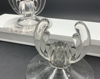 Vintage paar Heisey CRYSTOLITE helderglazen kandelaarshouders art deco