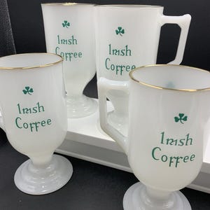 Vintage Set of 4 Milk Glass IRISH COFFEE Mugs with Pedestal and Handles