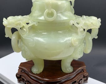 Vintage Jade Nefrit Ljusgrön Rökelsekare på Snidat Träställ