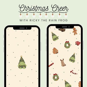 Könnte beinhalten: Zwei Smartphone-Bildschirme mit weihnachtlichen Hintergrundbildern. Einer zeigt einen Frosch mit Weihnachtsbaumhut, der andere ein Muster aus Lebkuchenmännern, Kränzen und Zuckerstangen. Der Text lautet "Christmas Cheer".