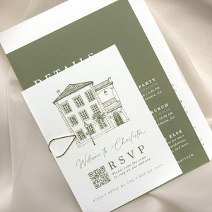 May include: Wedding invitation suite featuring a detailed architectural illustration of a building. The RSVP card includes the text "Welcome to Charleston" and a QR code. The suite is in shades of white and olive green.